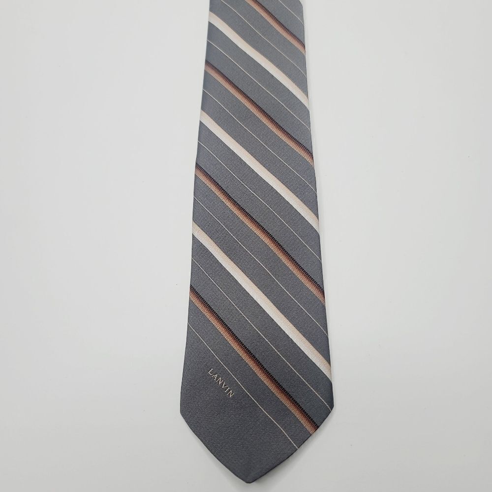 Vintage Lanvin New York Paris Designer Grey Brown Diagonal Striped Tie